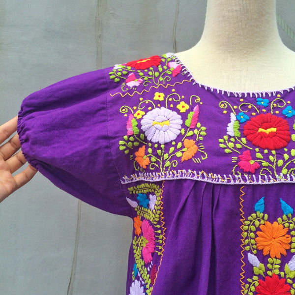 Oceanic Purple | Vintage 1960s 1970s Hippie Flower Power Hand-embroidered Purple Mexican Maxi Dress
