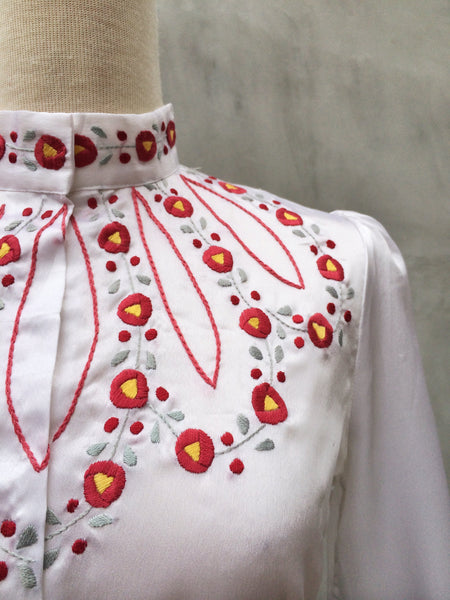 Replay Red | Hand embroidered white Satin Vintage 1960s Mandarin collarshirt