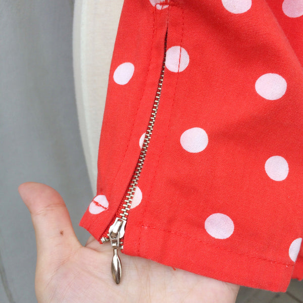 Polka Panther | Vintage Coral red white polka dot High-waisted Tapered Pants with Ankle Zips