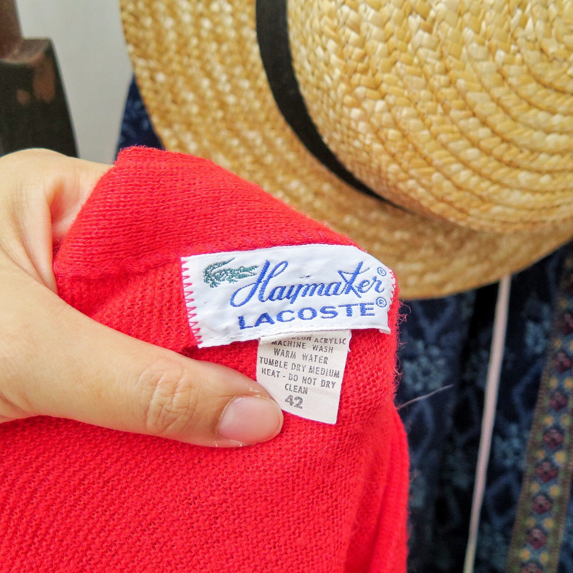 Hello Red! | Vintage 1950s Haymaker Lacoste Crocodile emblem Vermillion red Grandpa Sweater