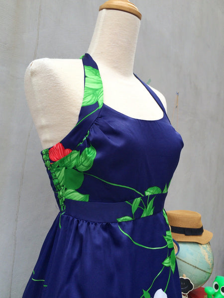 Beauty Vines | Vintage 1960s 1970s Hawaiian Designer Strawberry flowers Dark Navy Halter Maxi Dress