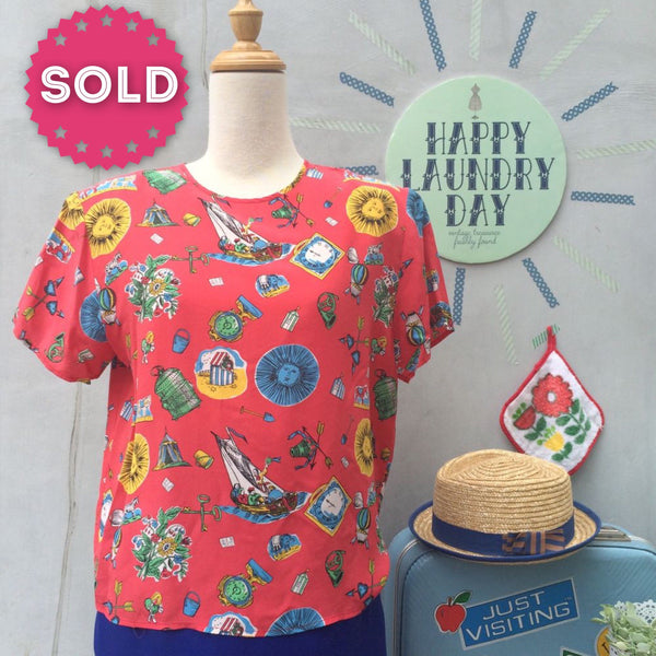 Fairground Candy | Vintage 1980s Fun Kitschy prints 100% Silk Blouse