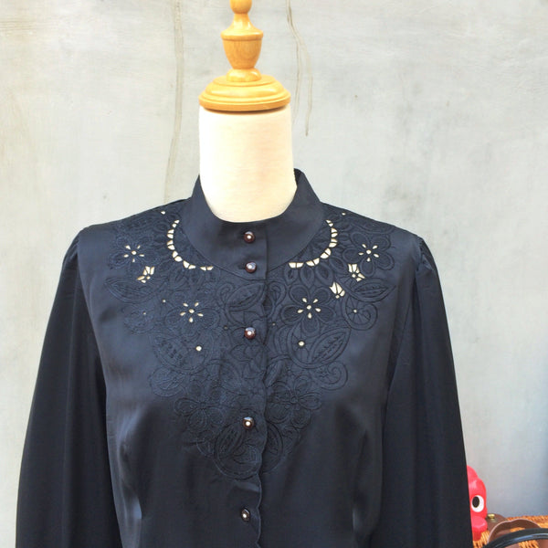 Black Out | Vintage 1970s does 1920s black Silky sateen Shirt Blouse