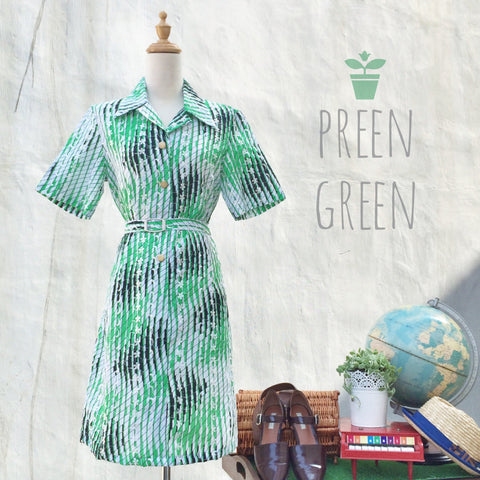 Preen Green | Neon green VIntage 1970s lace overlay striped Day dress