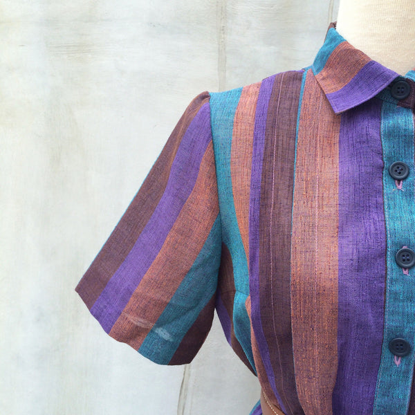 The Road Home| Vintage 1940s 1950s Vertical Stripe purple turquoise brown Cute Collar Dress