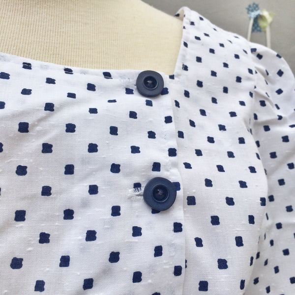 Square Dancing | Vintage white blue Polka dot 1980s day dress with POCKETS!