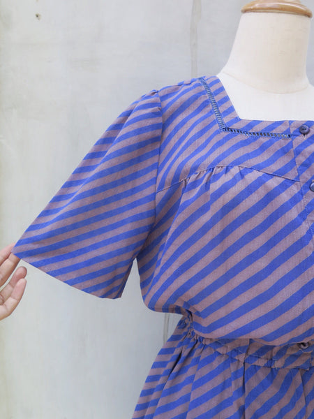 Becky | Vintage 1960s 1970s diagonal Blue and Brown stripes short-sleeved dress with Tiny square cut-outs