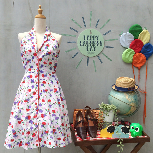 Spring in your steps | Vintage 1950s Floral Carnation print Halter Dress with red piping