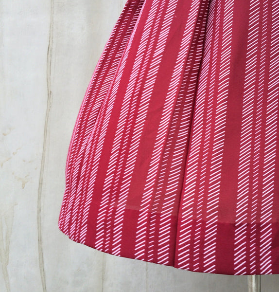 Summer Berries | Vintage 1960s 1970s white striped Dark red pleated Skirt