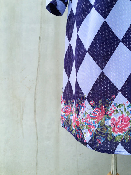 SALE ! |  Harlequin Dreams | Vintage 1970s diamond print rose peplum pleated secretary dress