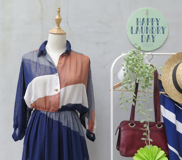 Clarissa | Vintage 1940s long-sleeve shirt dress with Brown White Blue Color Blocking