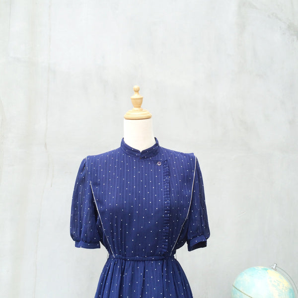 Starry Night | Vintage 1980s Polka dot Dress with Double-pleats Asymmetric bust + Small ruffles + Mandarin Collar