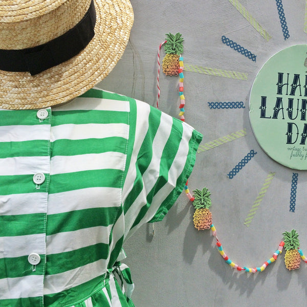 Watermelon Summer | Vintage 1980s does 1950s Green white Stripes Pockets dress