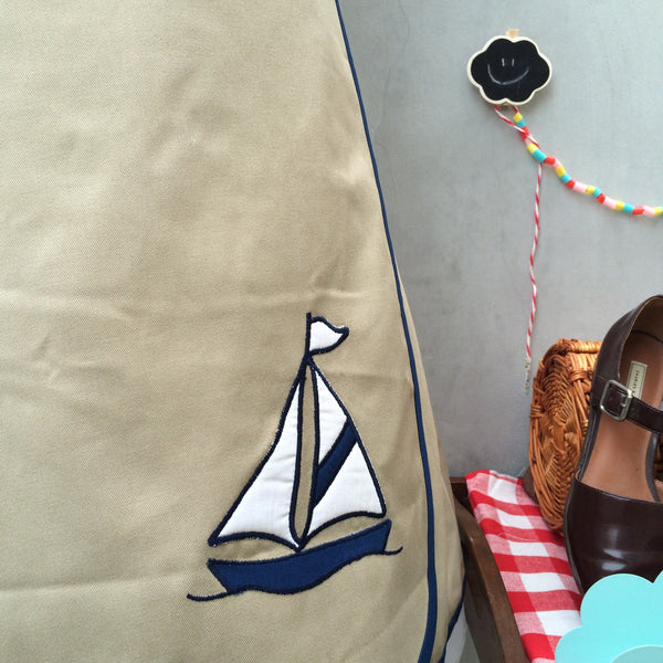 Sails Ahoy! | Vintage 1970s Nautical Patchwork Sailboat Wrap Skirt in Khaki and Navy Blue