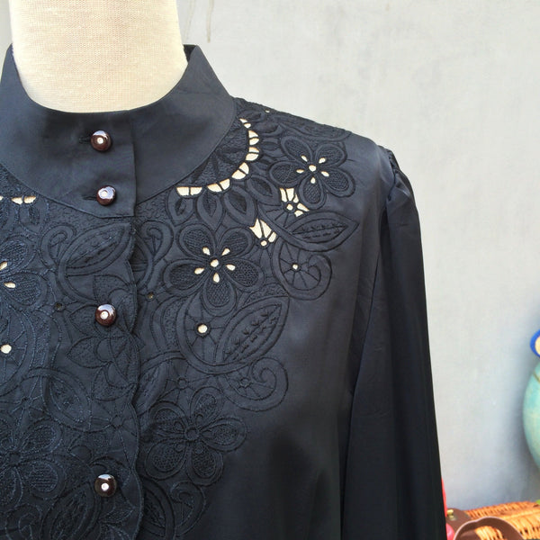 Black Out | Vintage 1970s does 1920s black Silky sateen Shirt Blouse