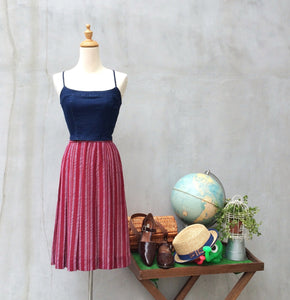 Summer Berries | Vintage 1960s 1970s white striped Dark red pleated Skirt