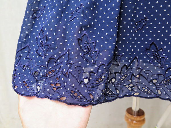 Gently into Dreams | Vintage 1940s navy polka dot Lace cutout micro-pleated Ethnic Day Dress