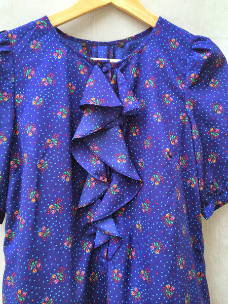 Floral Days | Retro 70s Small floral print Indigo blue Ruffle front Tunic Dress