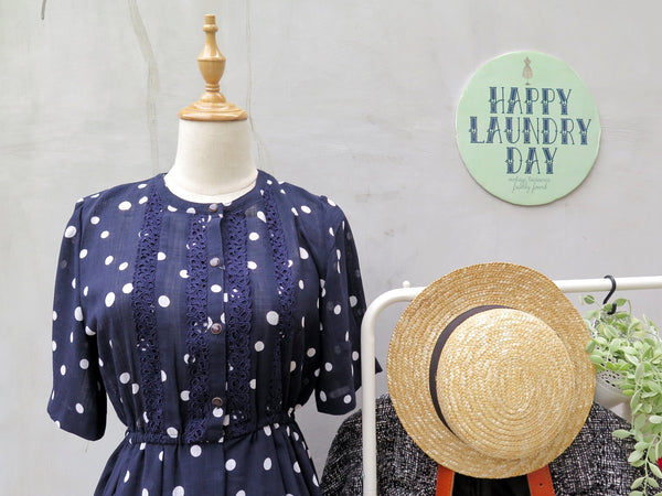 Wandering Alice | Vintage 1950s 1960s Lace and Polka dots Navy blue Short-sleeved Day Dress