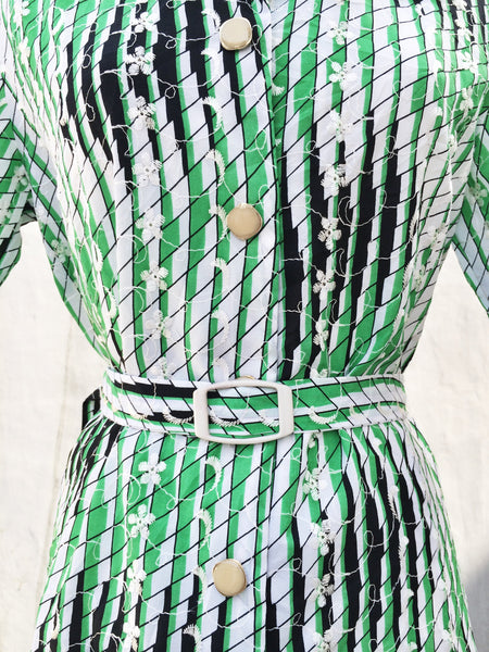 Preen Green | Neon green VIntage 1970s lace overlay striped Day dress