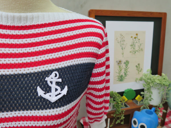 Anchors Up! | Vintage 1980s Red White Blue anchor lace Nautical sailor theme Knit Top