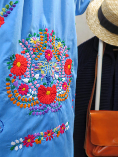 Vintage 1960s 1970s floral mexican Oxacan hand-embroidered caftan midi hippie bohemian dress | Sky Blossoms |