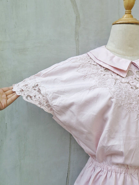 Sweet Serenade | Vintage 1980s-does-1950s Pink lace cutouts Dress with Double Collar