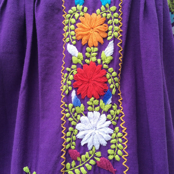 Oceanic Purple | Vintage 1960s 1970s Hippie Flower Power Hand-embroidered Purple Mexican Maxi Dress