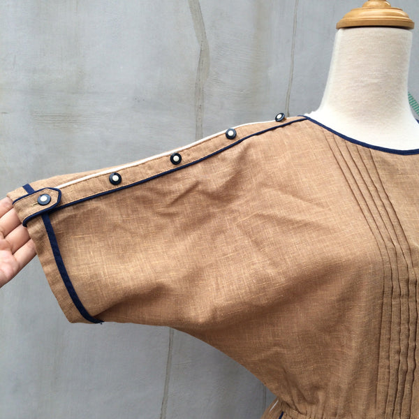 Betty Baileys | Vintage 1950s 1960s Brown Beige day dress with Blue buttons and stripe details