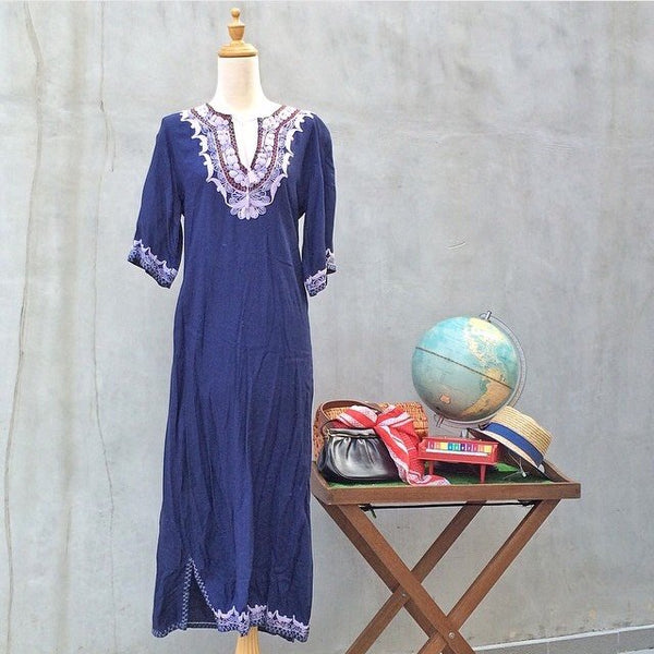 SALE! | Hippie Max | Vintage 1960s 1970s Mexican Ethnic dark blue MAXI dashiki Dress