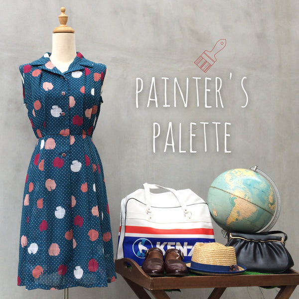 Painter's Palette | Abstract brush stroke Polka dot Vintage 70s teal box pleat Dress