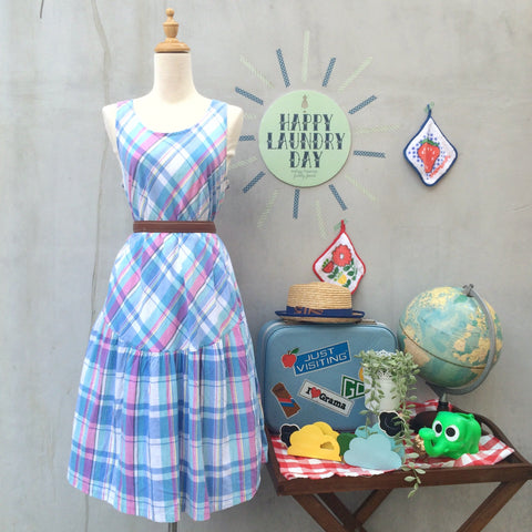 Jump for Joy | Vintage 1980s 100% cotton Plaid sleeveless tank dress with Cute pink buttons at the back