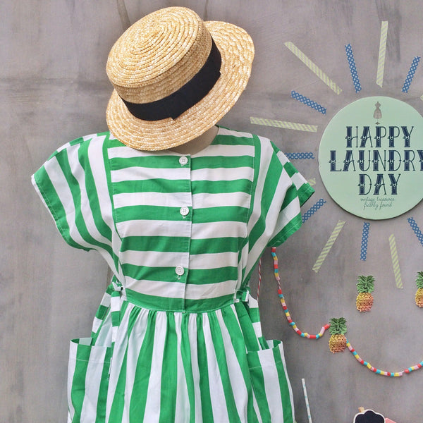 Watermelon Summer | Vintage 1980s does 1950s Green white Stripes Pockets dress