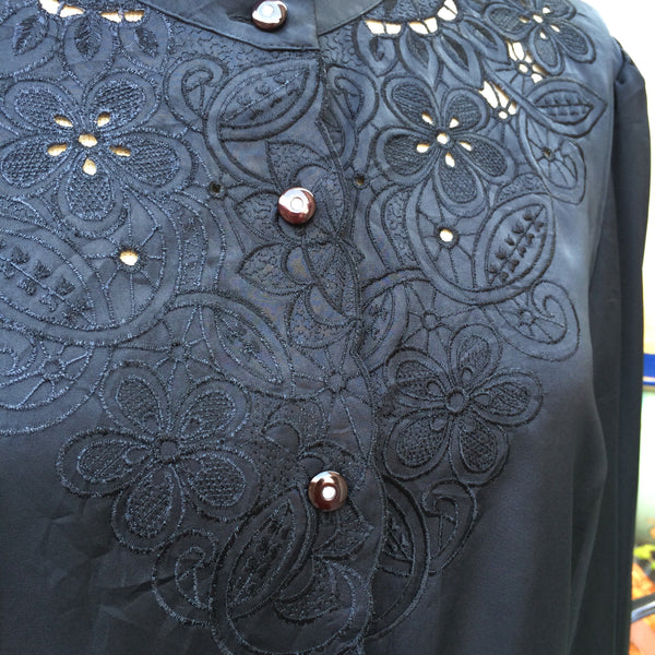 Black Out | Vintage 1970s does 1920s black Silky sateen Shirt Blouse