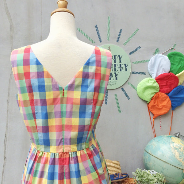 Joyfully Yours | Vintage 1980s 1990s multi-colored Colorful Gingham checks Sheath dress with POCKETS!