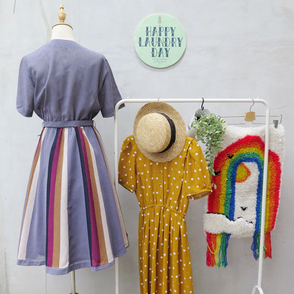 MUST HAVE! | Joyshine | Vintage 1950s 1960s Vertical stripes Grey mustard and mauve Full-skirt Dress