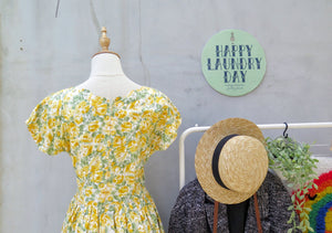 Robyn | Vintage 1950s 1960s Yellow rose Cotton Day Dress with scalloped hems