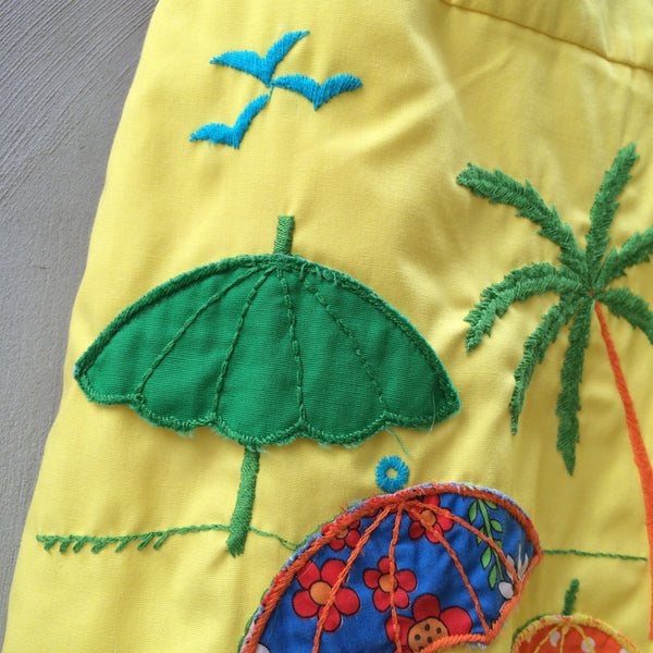 Lemon Brolly Lolly | Vintage 1950s 1960s lemon yellow Patchwork and embroidered Nautical theme zip front Romper Shorts