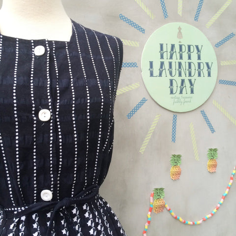 Fun in Monotone | Vintage 1940s sleeveless summer dress with Polka dots Stripes and Morning Glory Flowers