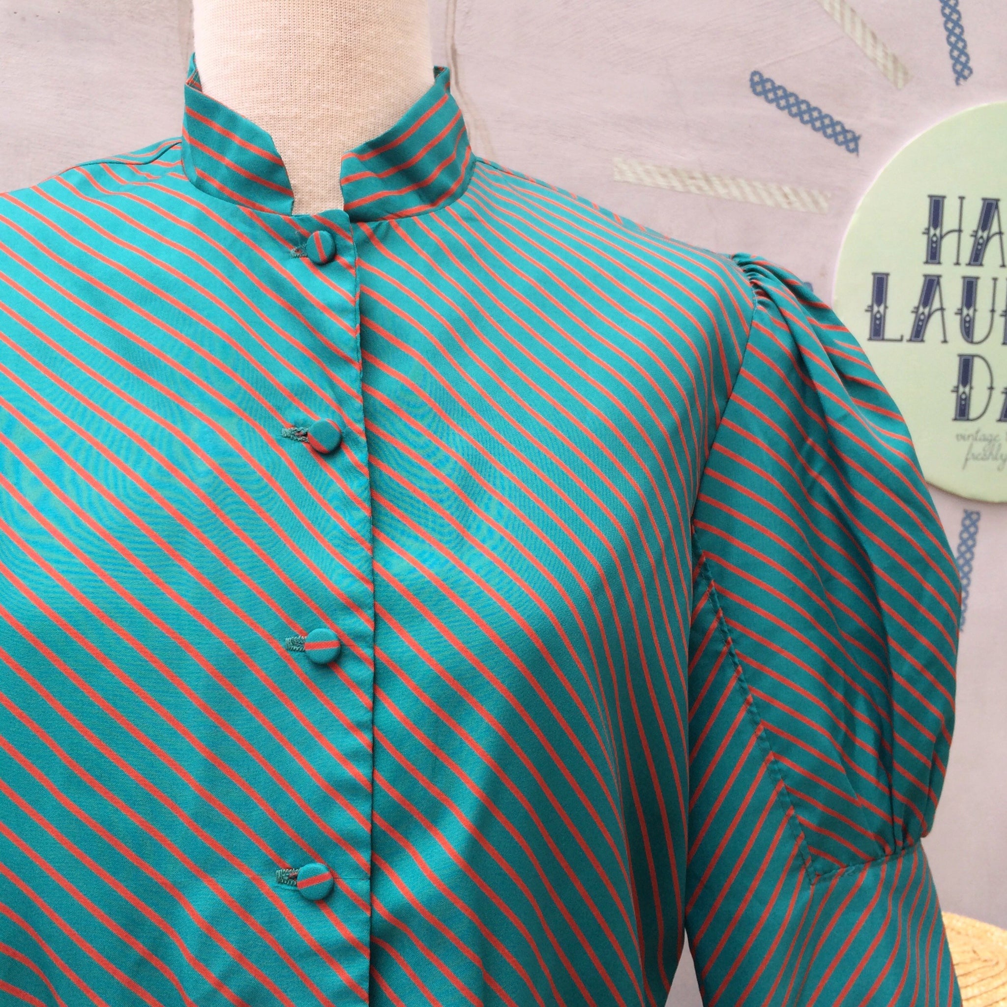 SALE! | Peals of Teal | Vintage diagonal Teal and Red stripes Mandarin Collar Work Day Dress