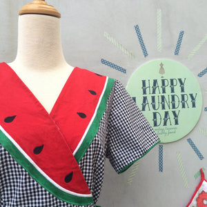 Watermelon Slice | Vintage 1980s Sharon Young Boutique embroidered Watermelon patch Black & White Gingham 100% cotton Dress