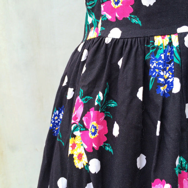 Soul Flower | Vintage 1980s flocked flowers Black and white polka dot dress with