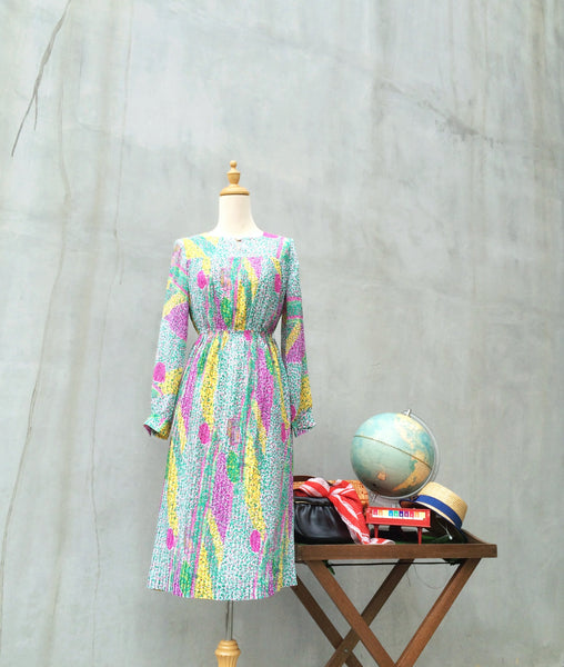Painter's Point | Rare Vintage 1970s watercolor Pointillism Matisse inspired Micro-pleated Retro Dress