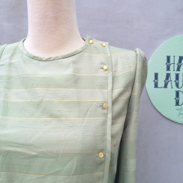 SALE! | Pastilles Bon Bon | Vintage 1950s asymmetric buttons Gold thread Pastel green Dress
