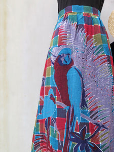 Must Have! | Parrot? Check! | Vintage 1960s 1970s checkered gingham parrot bird print A-line skirt