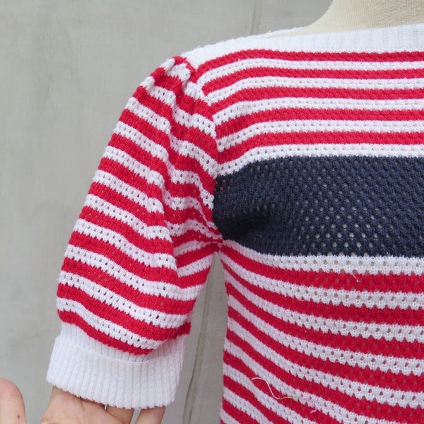 Anchors Up! | Vintage 1980s Red White Blue anchor lace Nautical sailor theme Knit Top