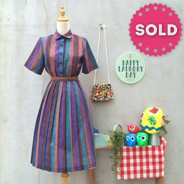 The Road Home| Vintage 1940s 1950s Vertical Stripe purple turquoise brown Cute Collar Dress