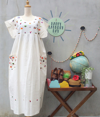 Cactus & Sundaes | Vintage 1960s 1970s Traditional Ethnic El Salvador hand embroidered cute icons Maxi dress with Pockets