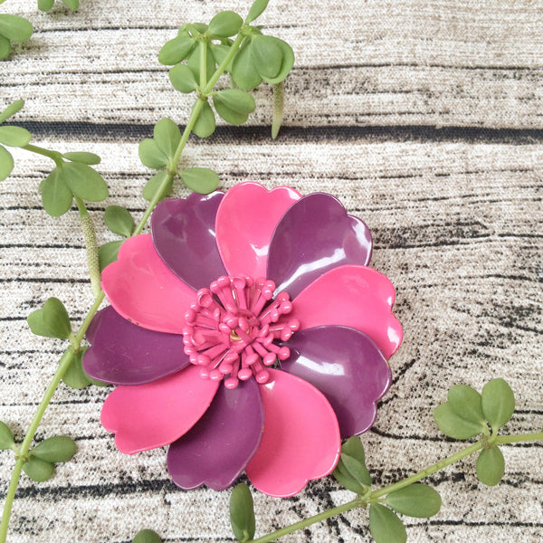 Vintage vibrant Purple & Pink enamel Poppy Flower Power Brooch