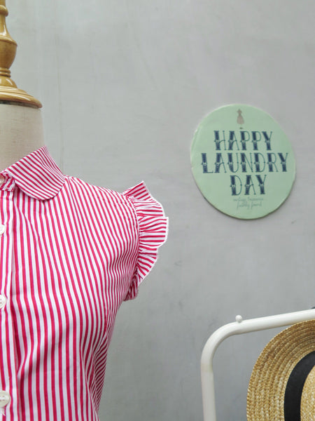 New year Hooray! | Vintage 1960s 1970s Vertical red white stripes Tie-front Shirt blouse